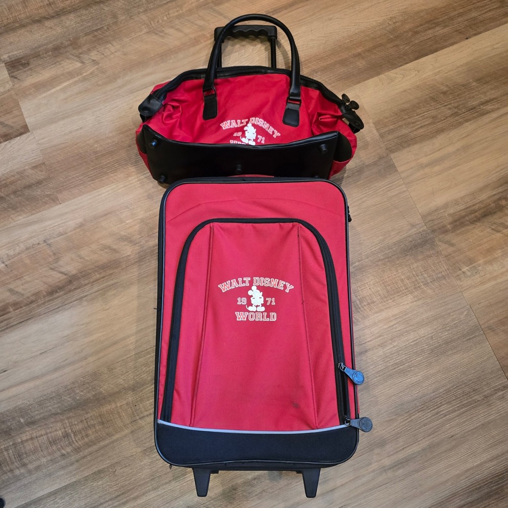 Walt Disney World Small Luggage Set 2pc Suitcase Duffel Bag Red Mickey Mouse